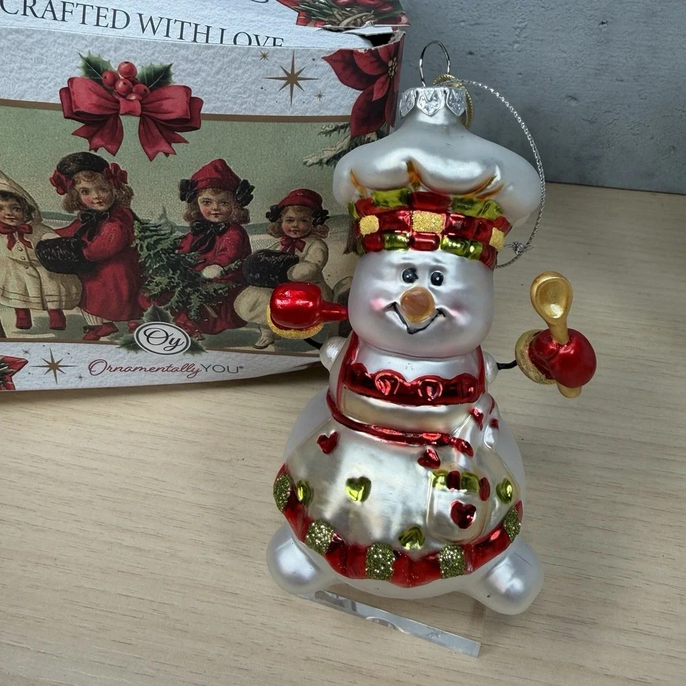 Ornamentally You Cheerful Holiday Snowman Chef Glass Christmas Ornament